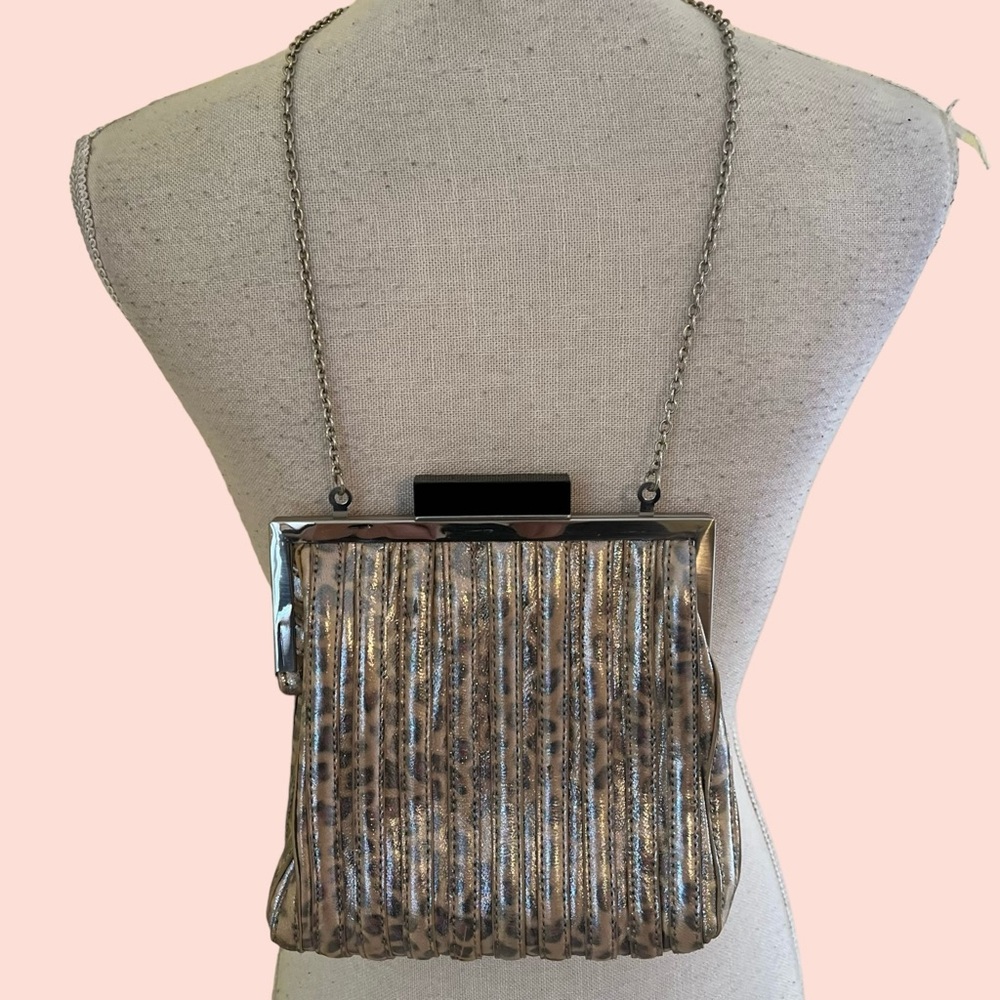 Annabel Ingall Metallic Rib Leopard Print Vintage Evening Bag with Chain Strap